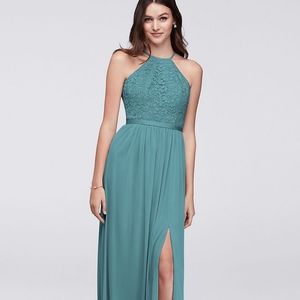 David's Bridal F19608 Teal Long Lace Mesh Bridesmaid Dress